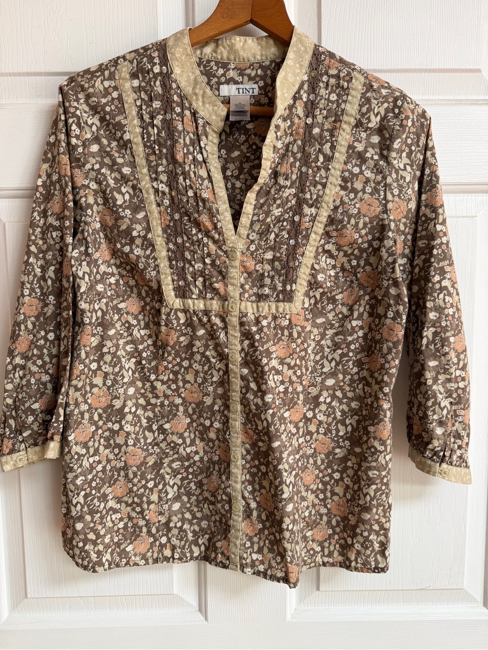 TINT Brown Floral Cotton Peasant Blouse with Cream Trim